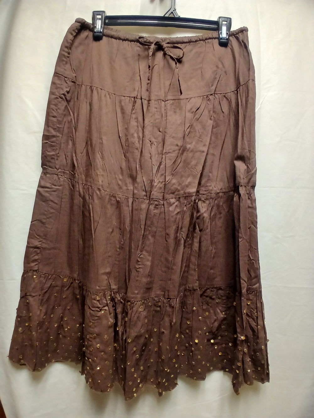 Daisy Fuentes Brown Tiered Maxi Skirt with Gold Sequins Hem